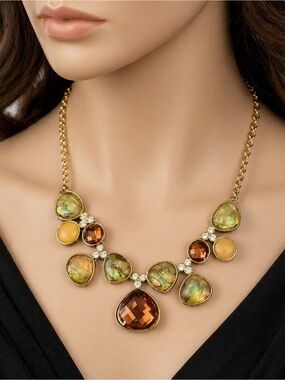 Vintage Napier Gold- Tone Statement Necklace- Faux Stone & Rhinestone Bib Signed